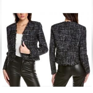 Bagatelle Open Front Crop Blazer in Black with Blue, White, Silver Tweed -Size S